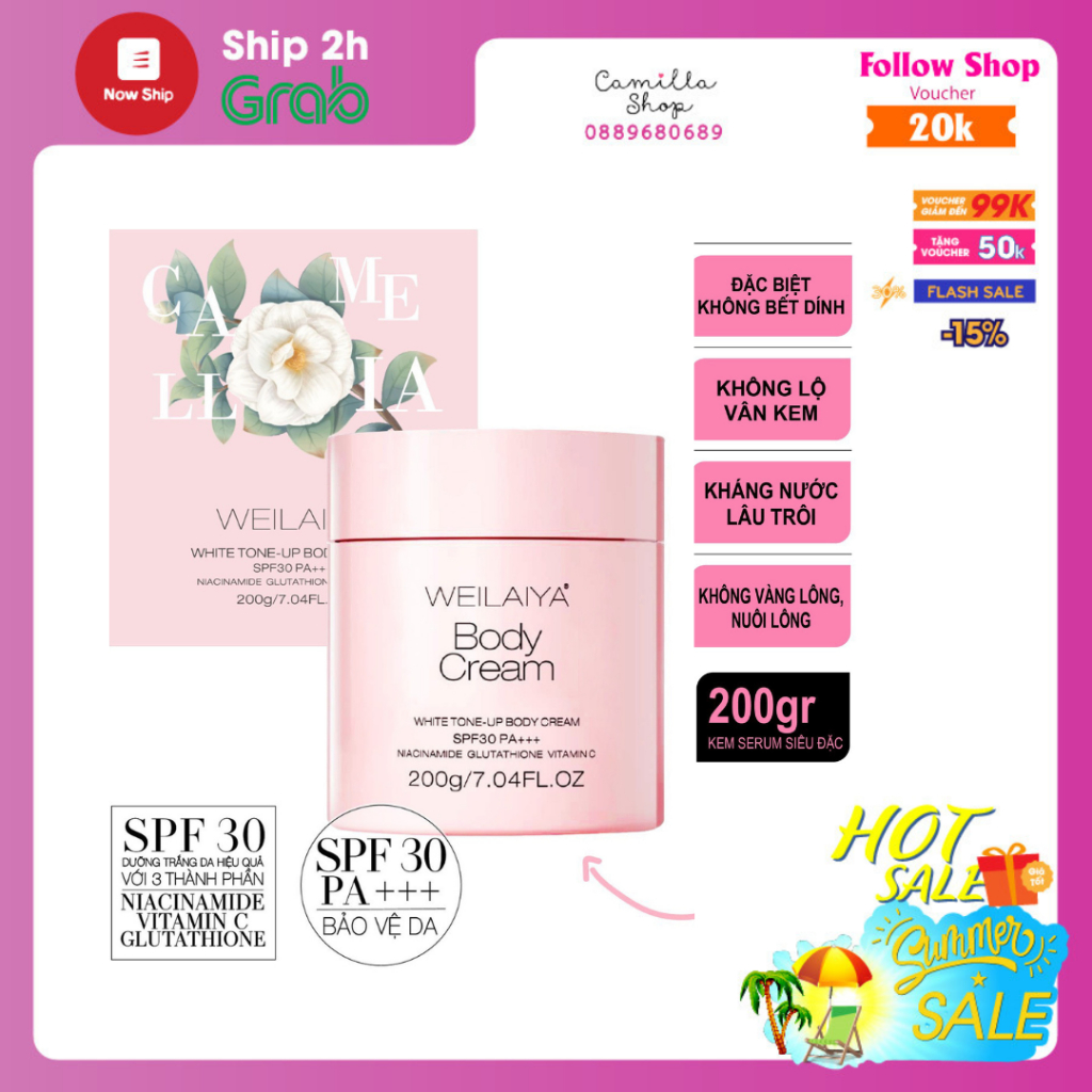 Kem dưỡng trắng da body hương hoa trà Weilaiya 200gram