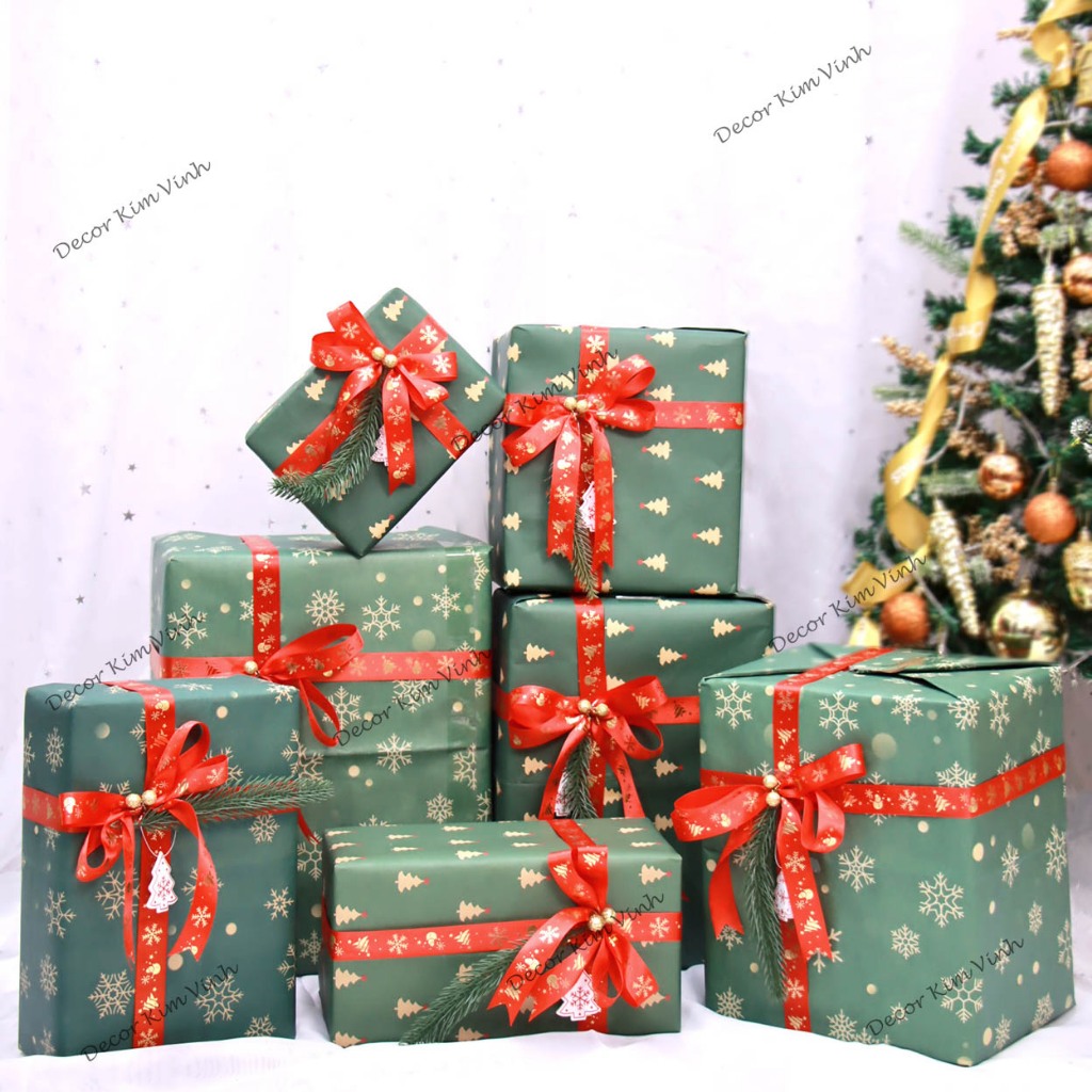 Set Vật Liệu Làm Hộp Quà Giáng Sinh HọaTiết Xanh SETQUA06 Hộp Quà Noel Trang Trí Giáng Sinh