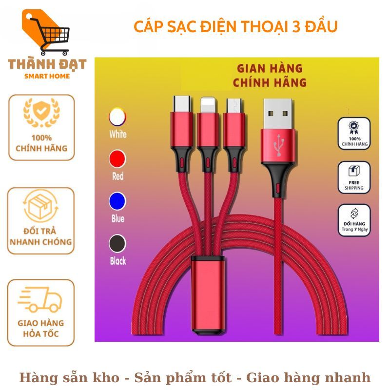 Dây cáp sạc nhanh 2A S P 3 trong 1 cho các dòng điện thoại dây dủ không nóng máy