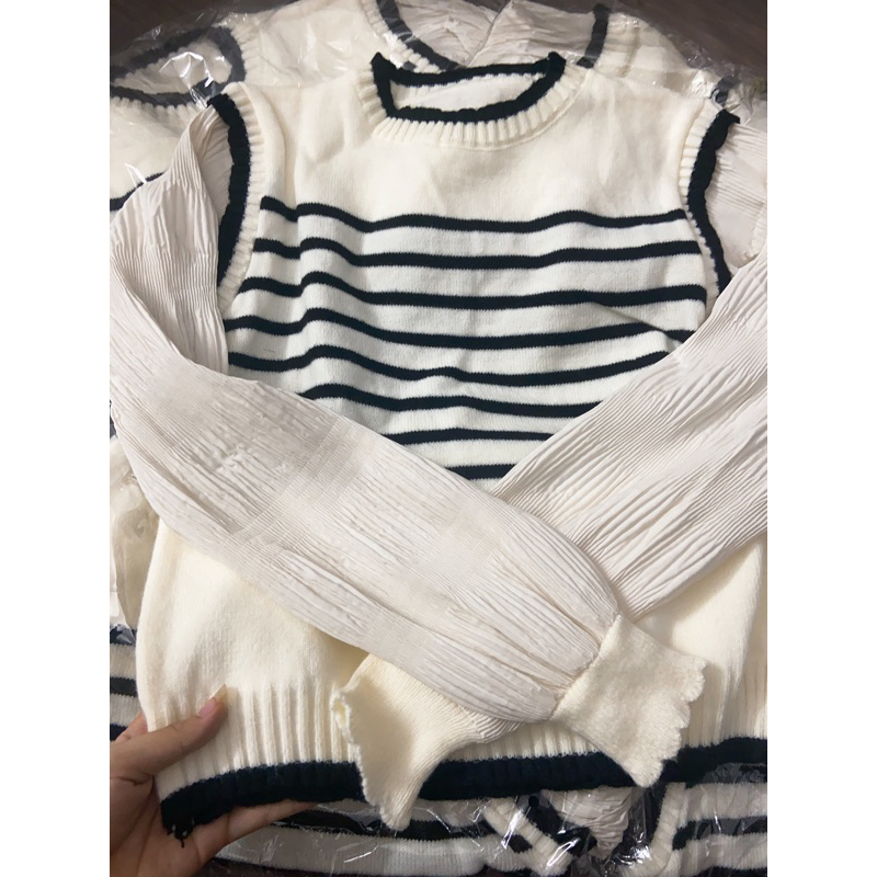 Áo len kẻ phối tay phồng hot hit phong cách vintage hàng QC