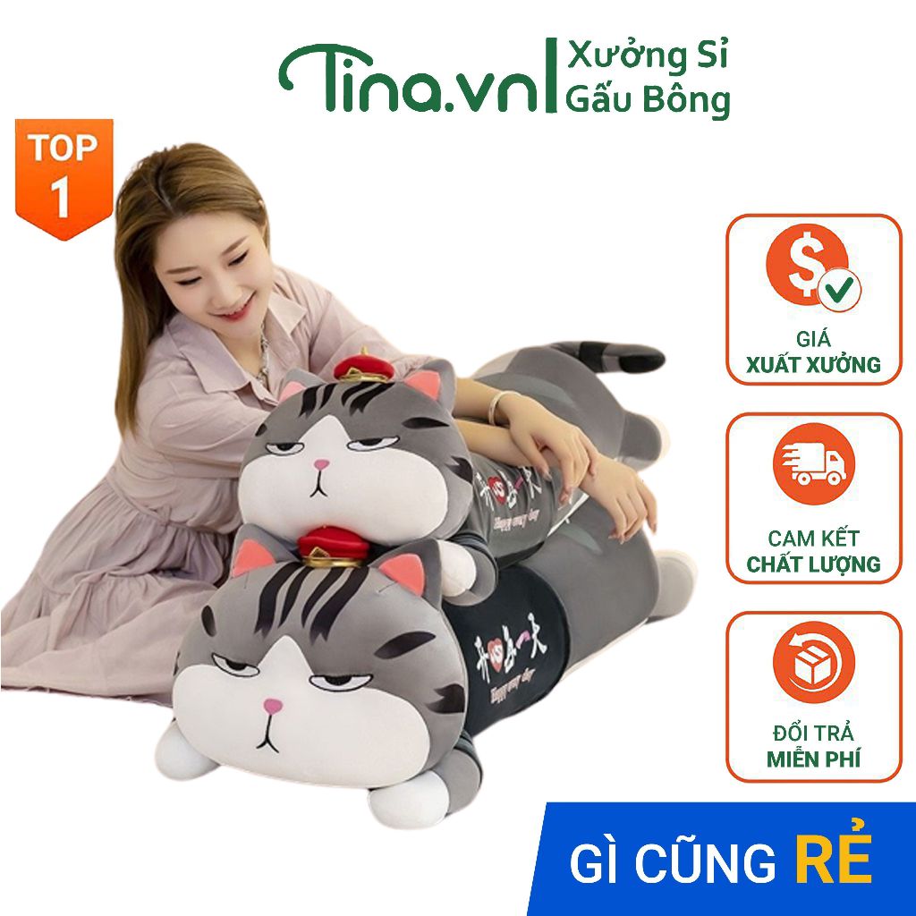 Gấu bông gối ôm Tina Mèo hoàng thượng bông cao cấp, vỏ nhung Hàn Quốc mềm mịn, co dãn 4 chiều, size 100cm - 130cm