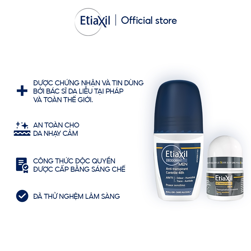 Combo Lăn Khử Mùi Hàng Ngày Etiaxil Men 50ml và Lăn Khử Mùi Ngăn Mồ Hôi chuyên sâu Etiaxil Men 15ml