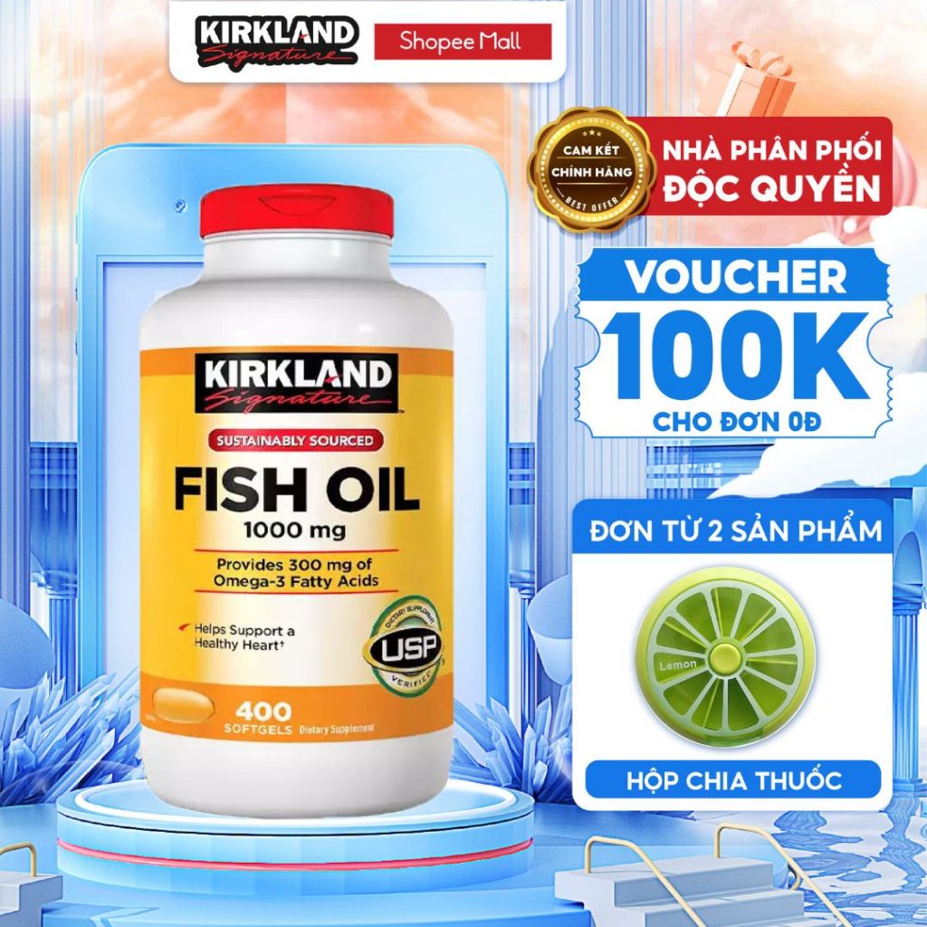 Dầu cá Fish oil 1000mg 400 viên của Mỹ Kirkland Signature giúp bảo vệ mắt, hỗ trợ tim mạch, làm đẹp da, giữ ẩm tự nhiên