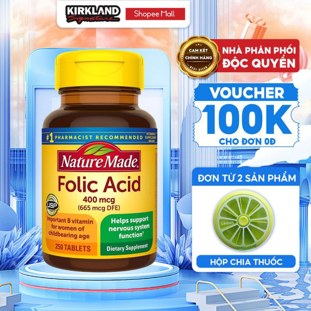Viên uống bổ sung Axit Folic cho bà bầu Nature Made Folic Acid 400mcg 250 viên của Mỹ