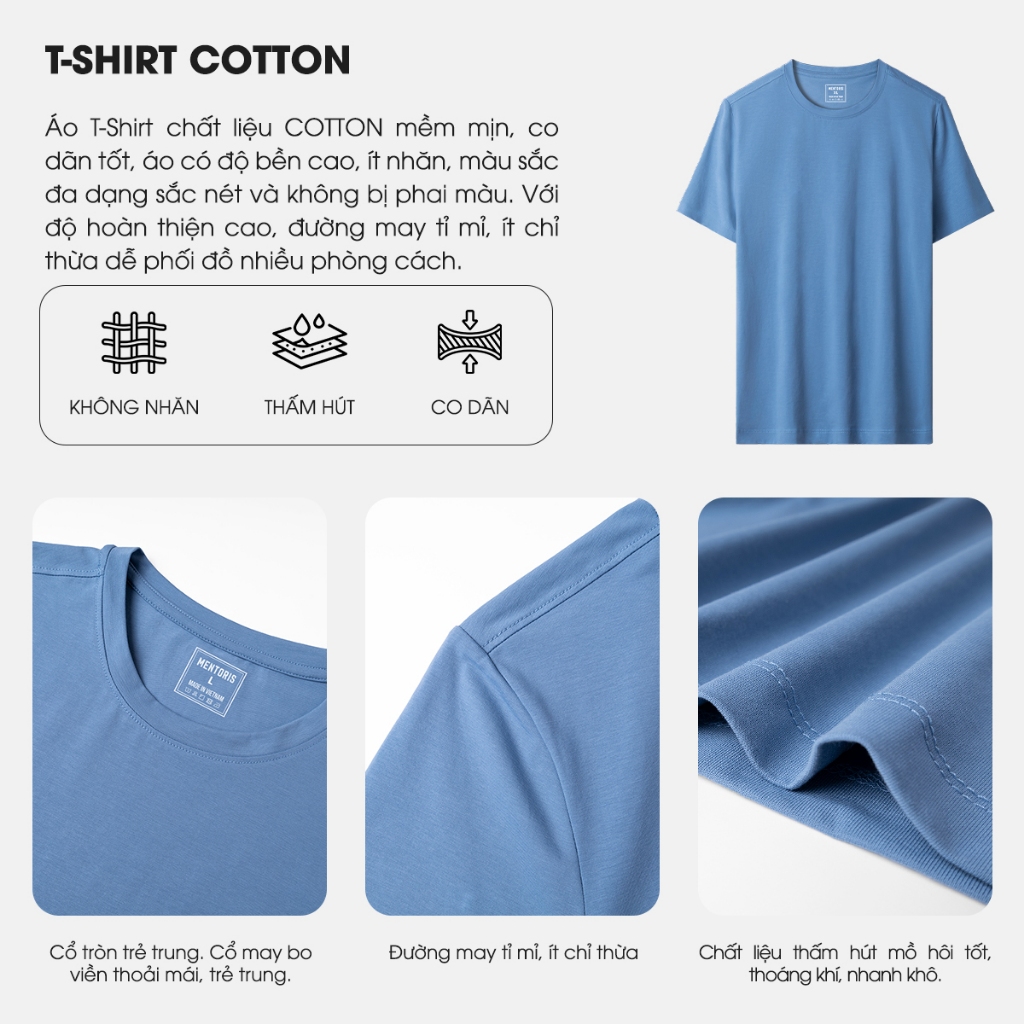 Áo thun cotton nam Mentoris mẫu phông trơn co giãn 4 chiều,chất liệu mềm mịn, form Regularfit,trẻ trung năng động MTS01