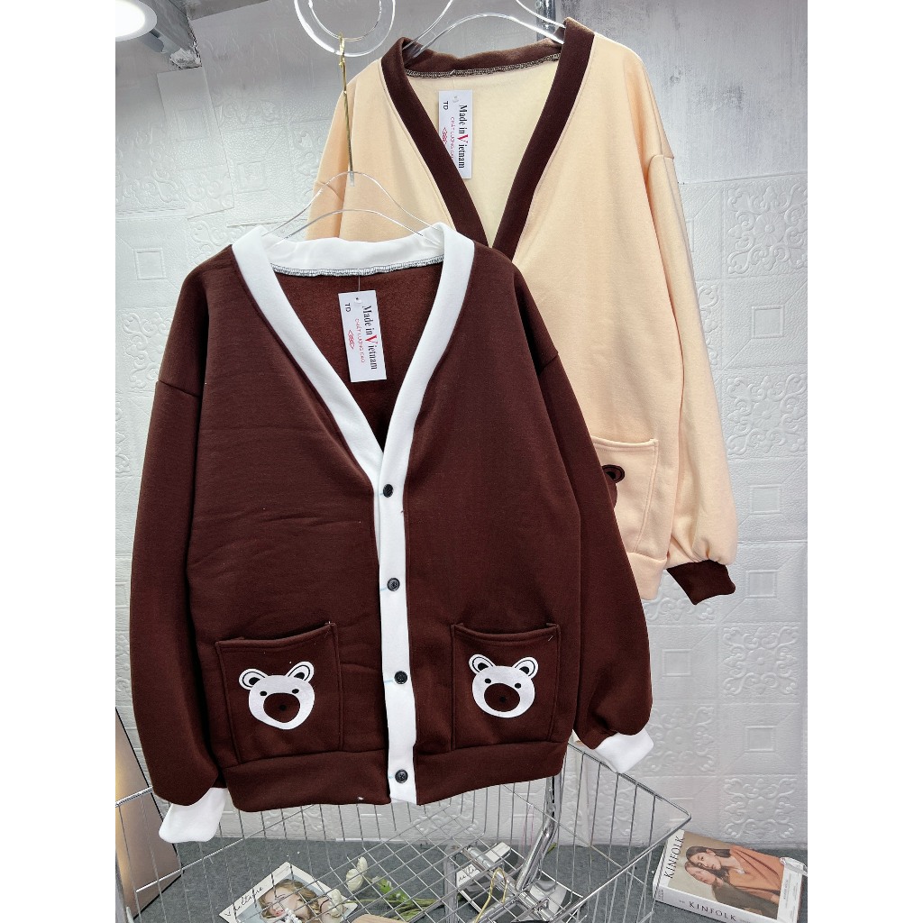 Áo Khoác Cardigan Trắng Nâu Túi Gấu Nữ form rộng xinh xắn,ct
