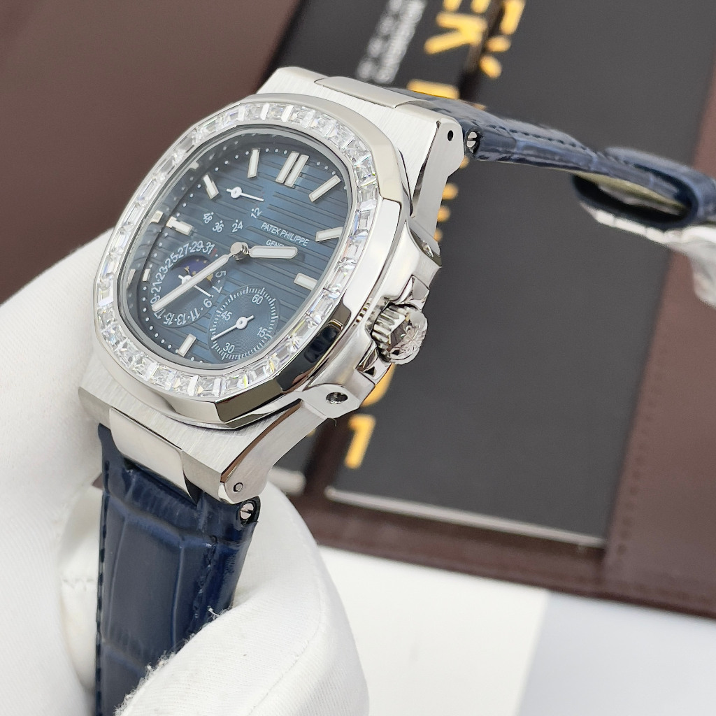 Đồng hồ Nam PT vuông vành đá vôn 6kim thứ ngày tháng mặt xanh lam vỏ trắng vành máy nhật dòng cơ Automatic size 40mm