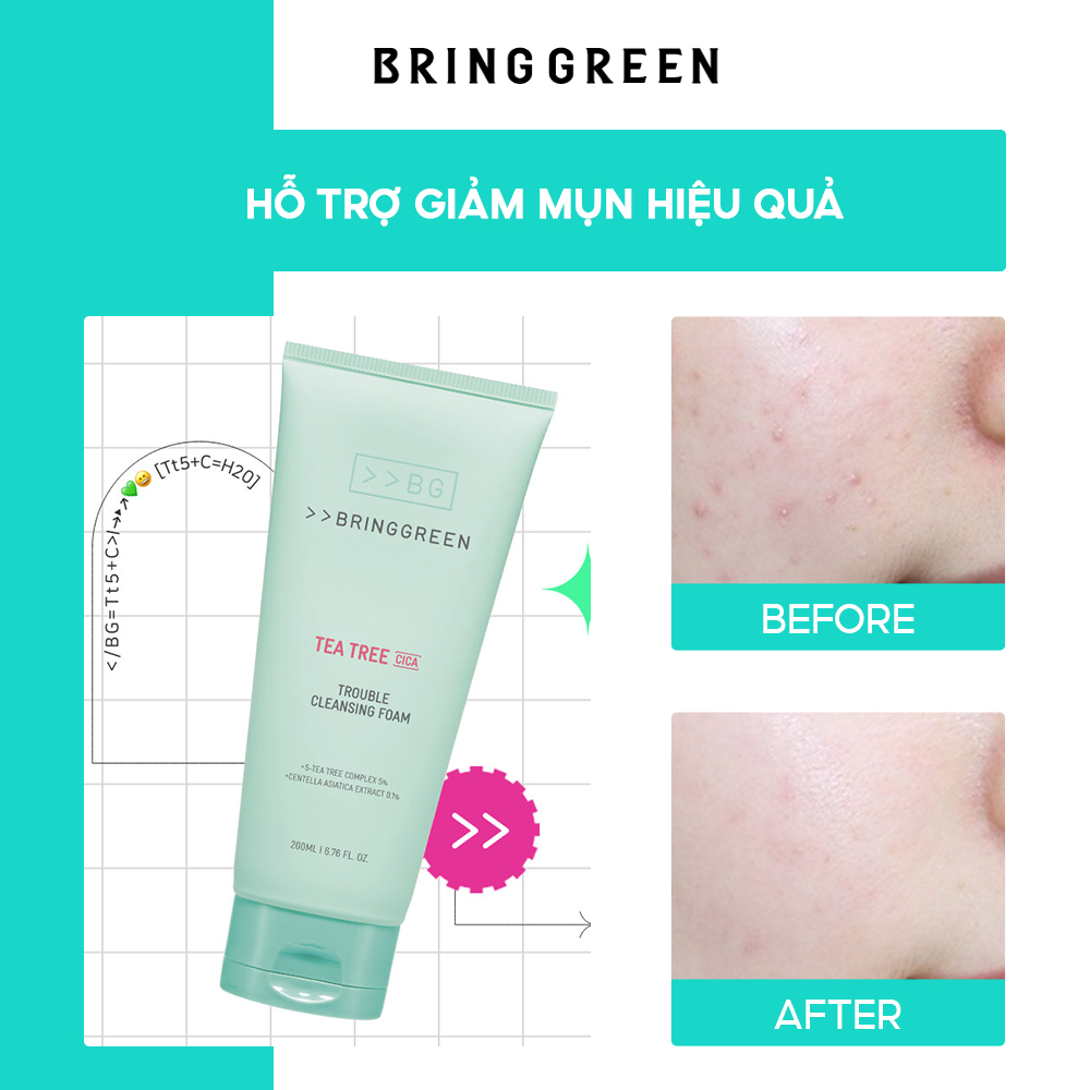 Sữa Rửa Mặt BRING GREEN TEA TREE CICA TROUBLE CLEANSING FOAM 200ML DOUBLE SET