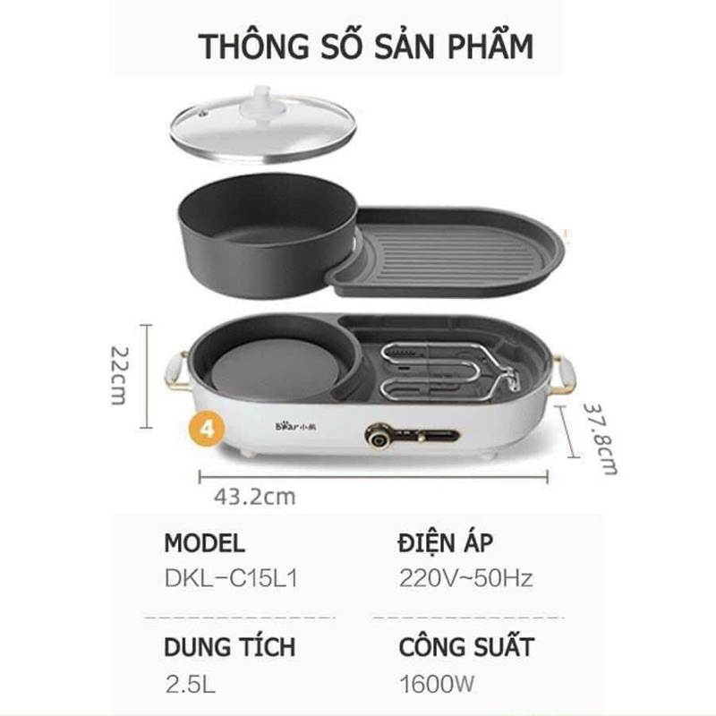 Bếp lẩu nướng Bear C15L1 2in1 cao cấp