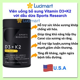 Viên uống Vitamin D3 K2 thuần chay Plant based với dầu dừa MCT Sports Research [Hàng Mỹ]
