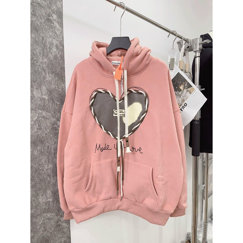 Áo hoodie form rộng mũ hai lớp - tim dây