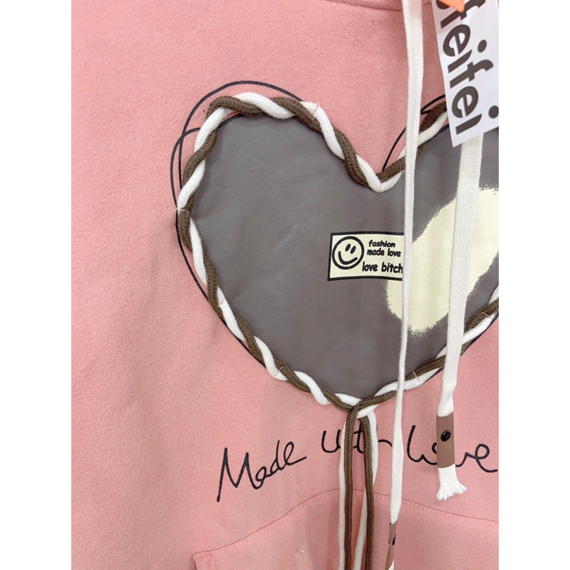 Áo hoodie form rộng mũ hai lớp - tim dây