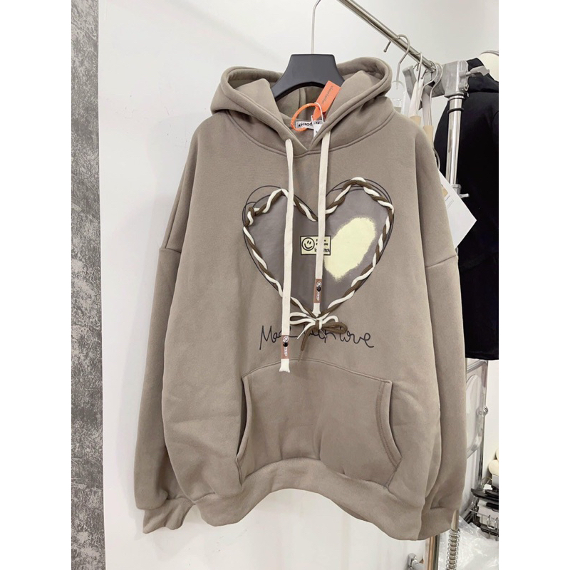 Áo hoodie form rộng mũ hai lớp - tim dây