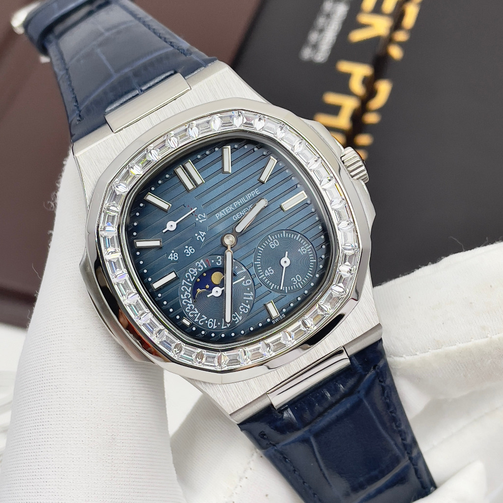 Đồng hồ Nam PT vuông vành đá vôn 6kim thứ ngày tháng mặt xanh lam vỏ trắng vành máy nhật dòng cơ Automatic size 40mm