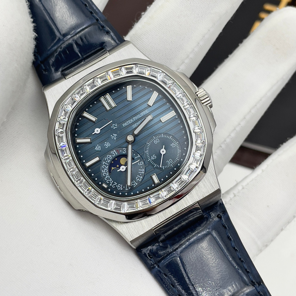 Đồng hồ Nam PT vuông vành đá vôn 6kim thứ ngày tháng mặt xanh lam vỏ trắng vành máy nhật dòng cơ Automatic size 40mm