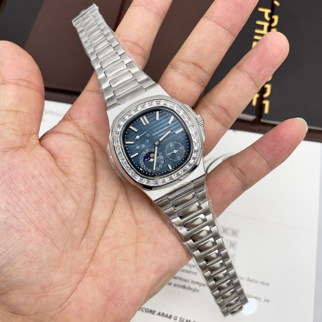 Đồng hồ Nam PT vuông vành đá 6kim thứ ngày tháng mặt xanh lam vỏ trắng vành máy nhật dòng cơ Automatic 40mm dây kim loai