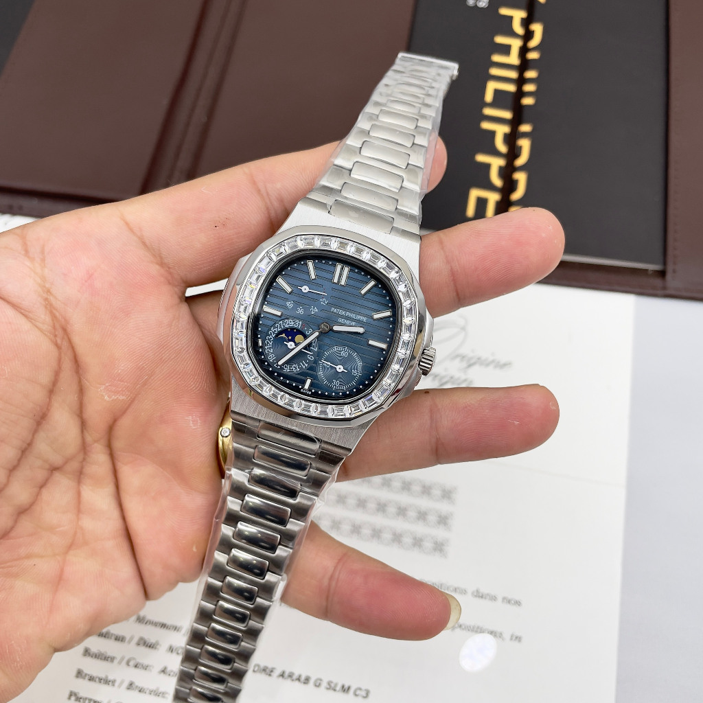 Đồng hồ Nam PT vuông vành đá 6kim thứ ngày tháng mặt xanh lam vỏ trắng vành máy nhật dòng cơ Automatic 40mm dây kim loai