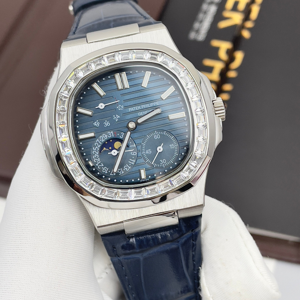 Đồng hồ Nam PT vuông vành đá vôn 6kim thứ ngày tháng mặt xanh lam vỏ trắng vành máy nhật dòng cơ Automatic size 40mm