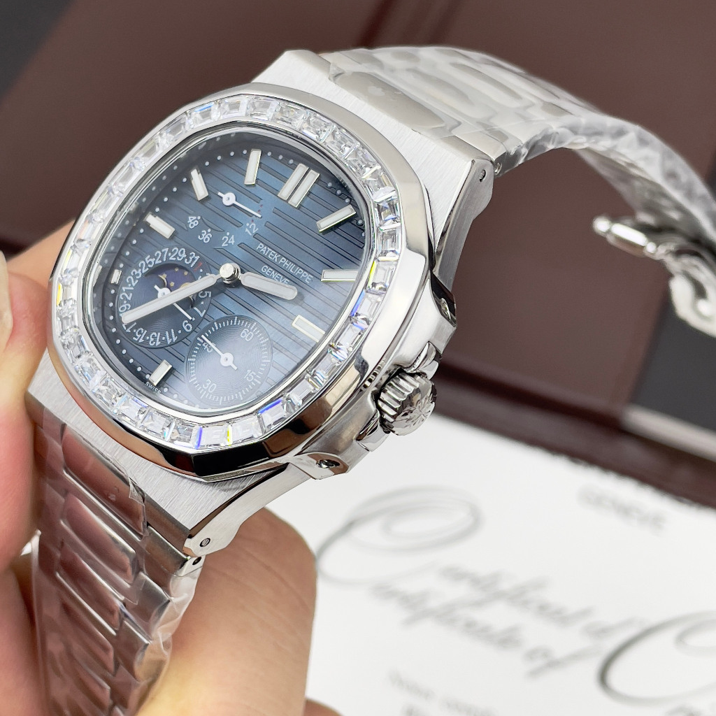 Đồng hồ Nam PT vuông vành đá 6kim thứ ngày tháng mặt xanh lam vỏ trắng vành máy nhật dòng cơ Automatic 40mm dây kim loai