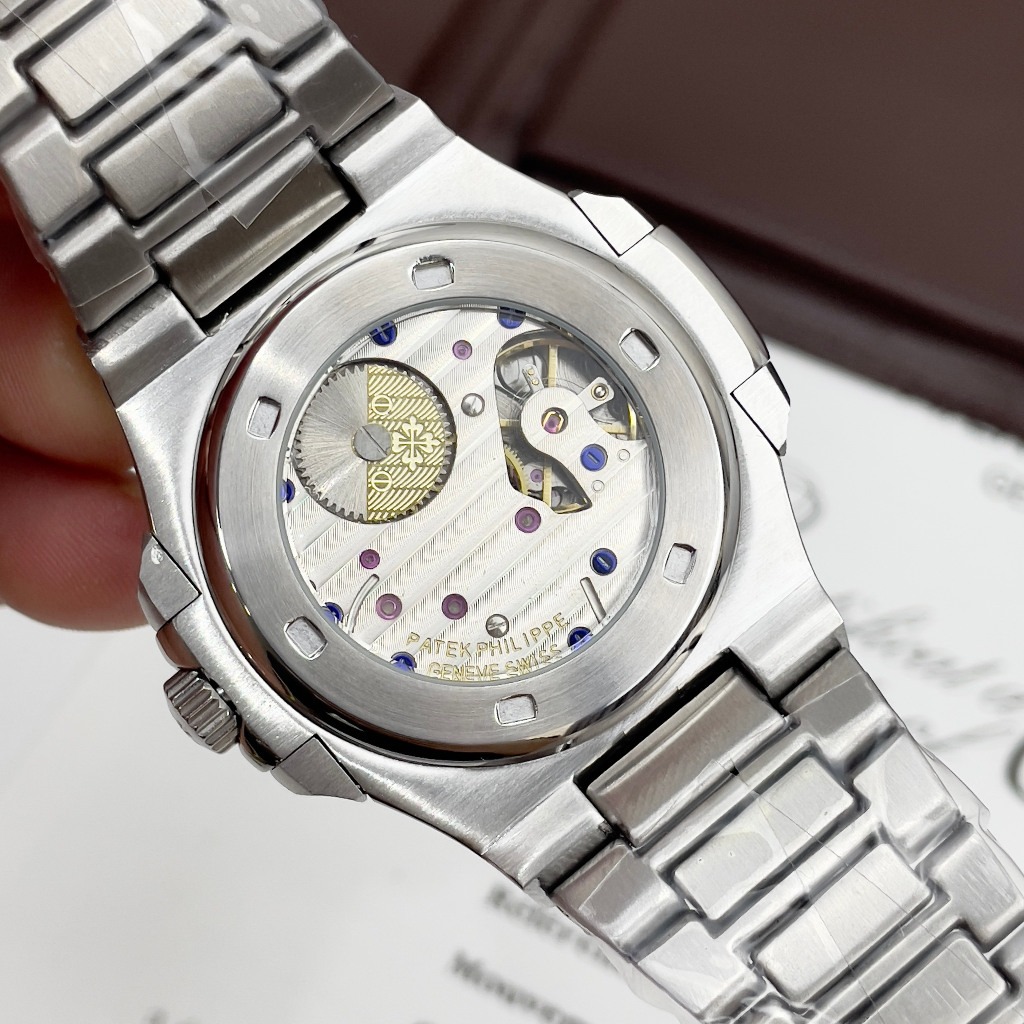 Đồng hồ Nam PT vuông vành đá 6kim thứ ngày tháng mặt xanh lam vỏ trắng vành máy nhật dòng cơ Automatic 40mm dây kim loai