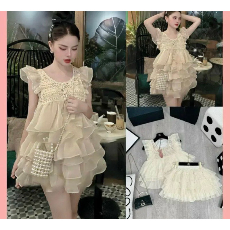 Set tơ phối ren tay cánh tiên phối bèo tầng và chân váy có may kèm quần