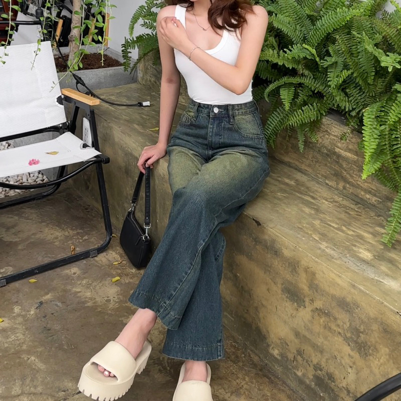 Quần jean ống suông lưng cao lai 4 phân không co giãn