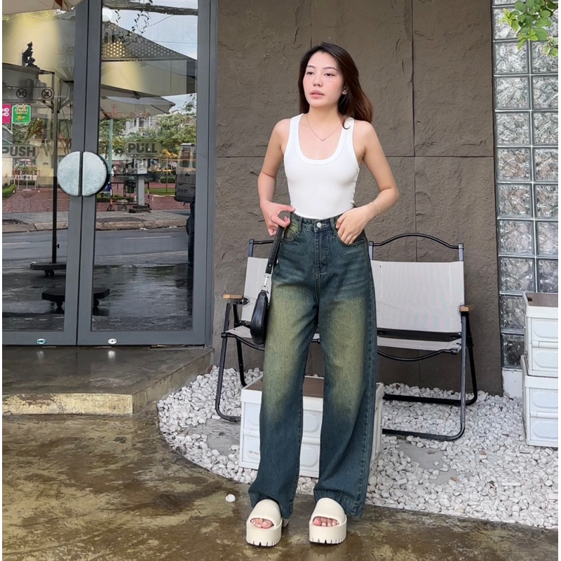 Quần jean ống suông lưng cao lai 4 phân không co giãn