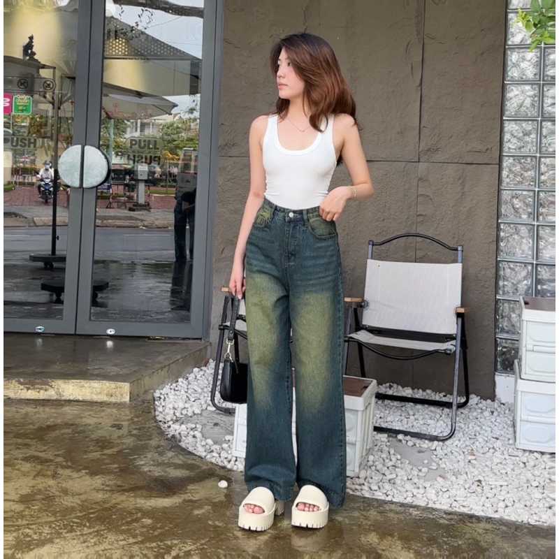 Quần jean ống suông lưng cao lai 4 phân không co giãn