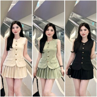 Set 2 món áo khoác dạ tweed 2 lớp sát nách vest blazer gile mix chân váy xếp ly ( có lót ) sang chảnh 4 tone màu pastel