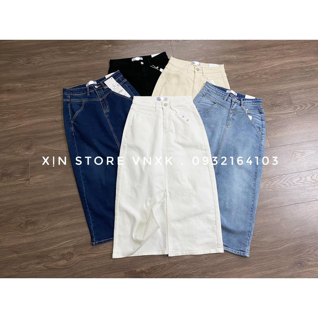 Chân váy jeans Xịn Store chân váy dài chữ A xẻ trước chất co giãn 25092302
