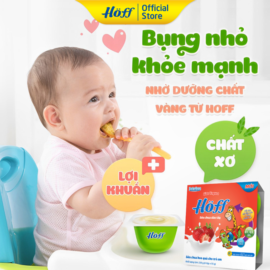Sữa chua hoa quả Hoff DÂU TÂY cho bé từ 6 tháng tuổi, bổ sung men lợi khuẩn, tốt cho tiêu hóa - 1 LỐC (4 hộp x 55g)