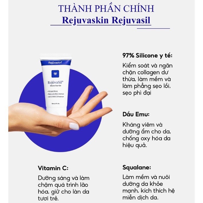 Gel Ngăn Ngừa Sẹo Và Làm Xẹp Sẹo Lồi, Sẹo lớn  Rejuvaskin Rejuvasil 10ml USA-HVS