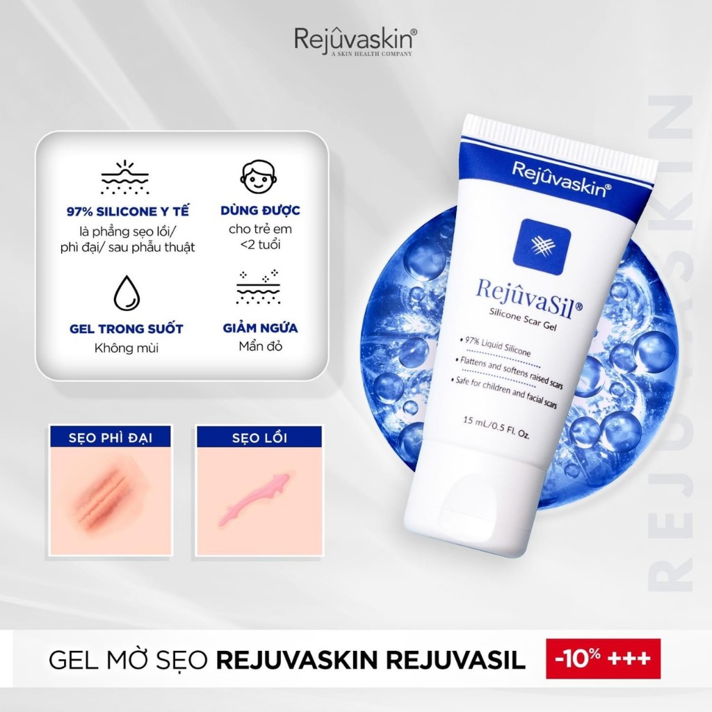 Gel Ngăn Ngừa Sẹo Và Làm Xẹp Sẹo Lồi, Sẹo lớn  Rejuvaskin Rejuvasil 10ml USA-HVS