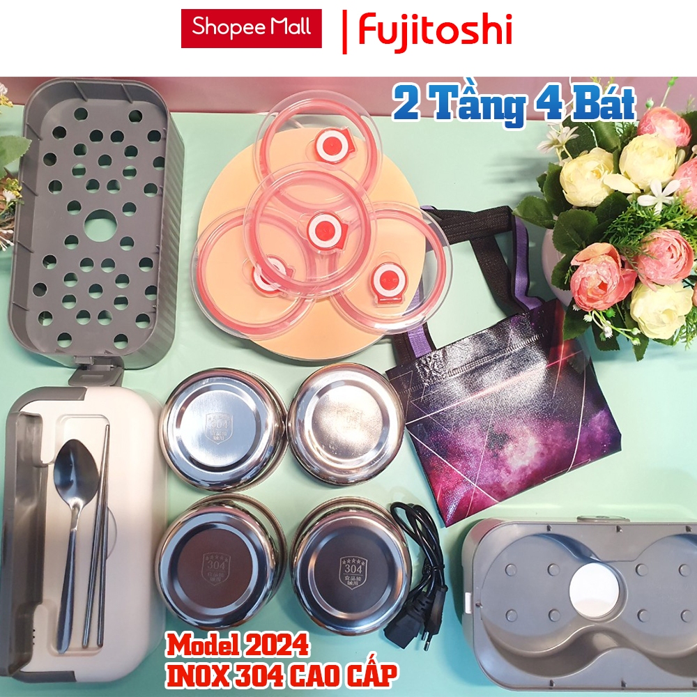 Hộp cơm cắm điện văn phòng Fujitoshi Model 55 1 tầng và 2 tầng Nấu cơm hâm nóng nấu đồ ăn Tặng Full đồ