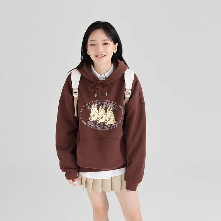 Áo hoodie Dessuu nỉ lót bông dày in hình 3 chú thỏ trước ngực