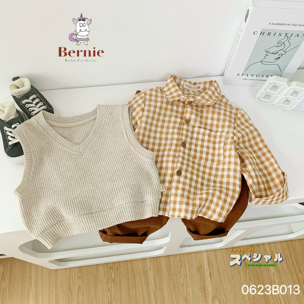 Set sơ mi kèm gile công tử cho bé, bộ sơ mi 3 chi tiết hàng thiết kế đẹp cho bé Bernie