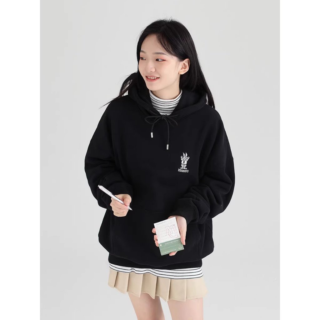 Áo hoodie Dessuu nỉ lót bông dày thêu hình thỏ ở ngực