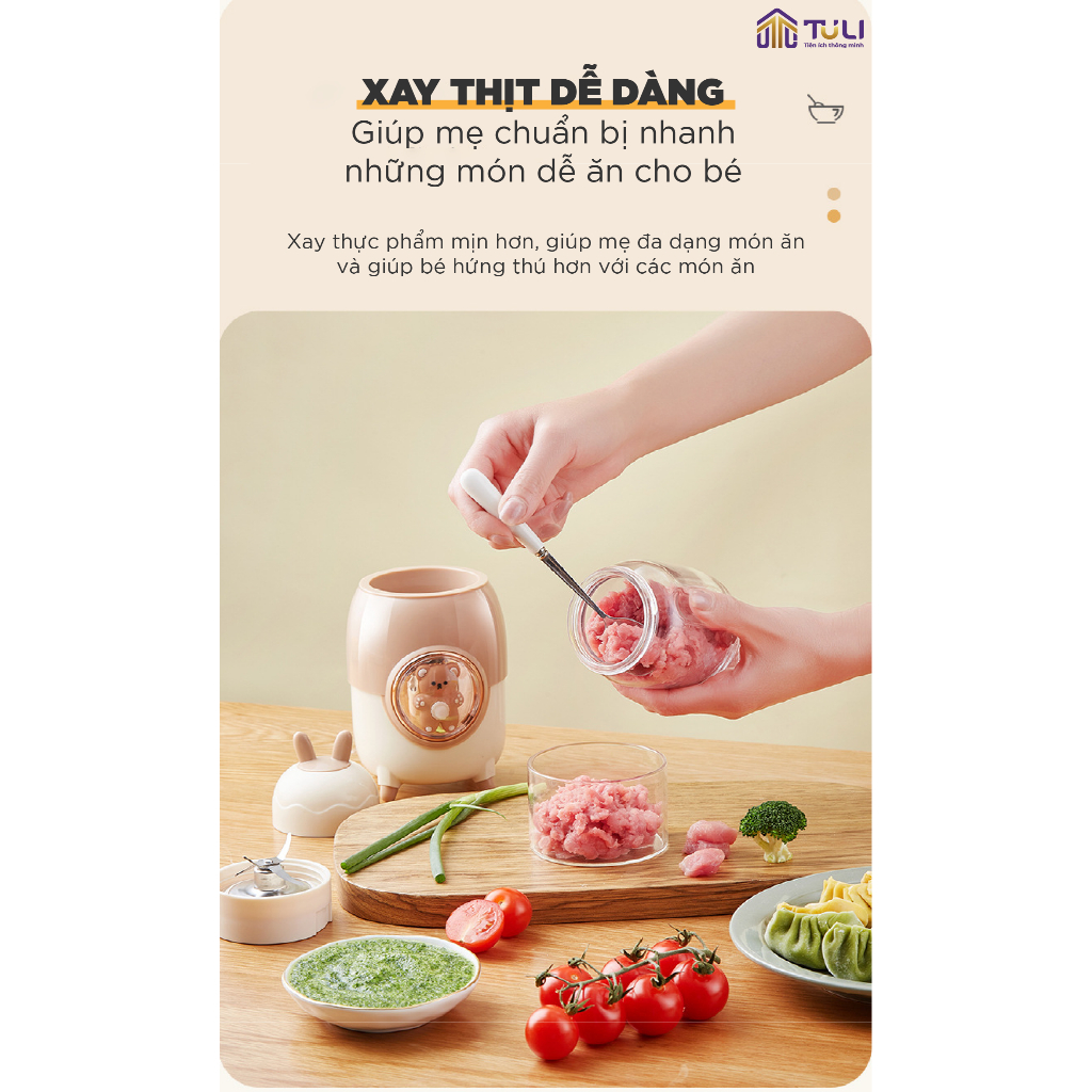 Máy xay thực phẩm mini 3 cối đa năng TULI TL- C04K1, Công suất lớn, Xay ăn dặm, sinh tố, tỏi ớt, thịt, Bảo hành 18 Tháng