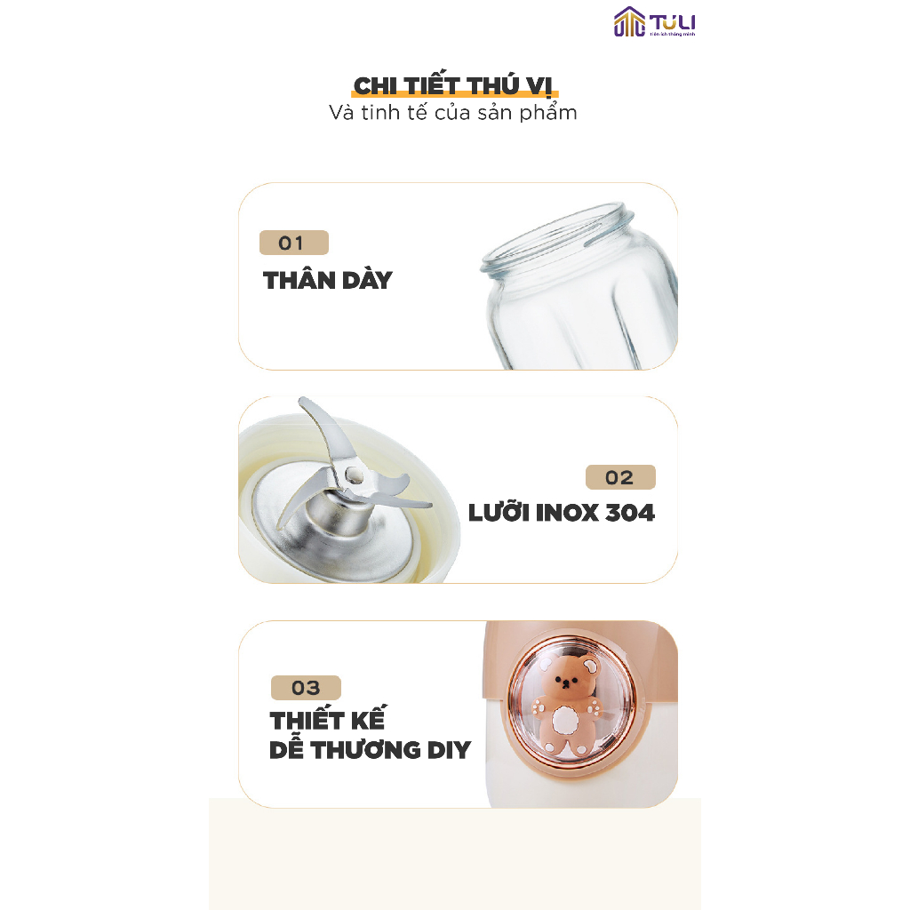 Máy xay thực phẩm mini 3 cối đa năng TULI TL- C04K1, Công suất lớn, Xay ăn dặm, sinh tố, tỏi ớt, thịt, Bảo hành 18 Tháng