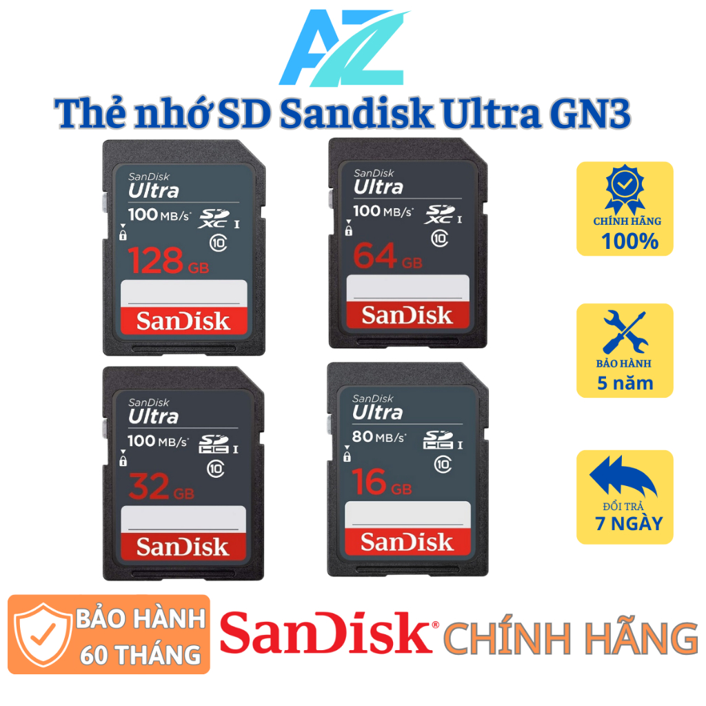 Thẻ nhớ SD Sandisk Ultra GN3 16GB/32GB/64GB/128GB 100MB/s UHS-I chuyên dụng cho máy ảnh cho máy ảnh - thẻ nhớ sandisk SD