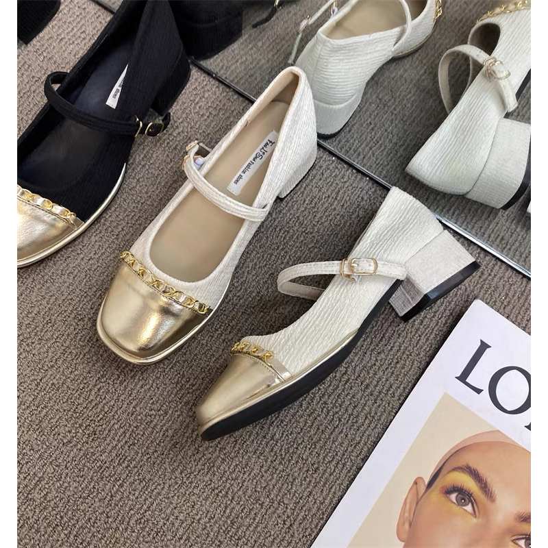 Giày búp bê phong cách mary jane phối xích hàng quảng châu cao cấp đế cao 4cm