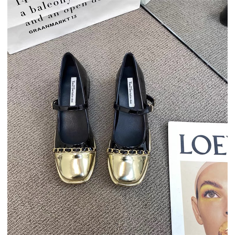 Giày búp bê phong cách mary jane phối xích hàng quảng châu cao cấp đế cao 4cm