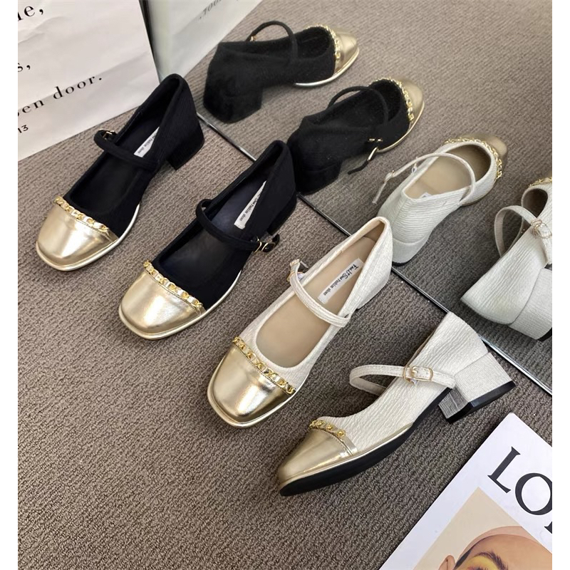 Giày búp bê phong cách mary jane phối xích hàng quảng châu cao cấp đế cao 4cm