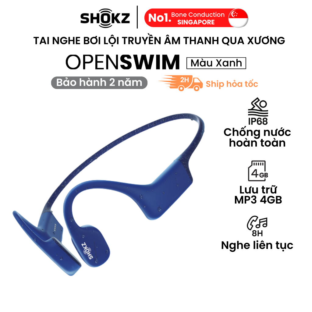 Tai Nghe Thể Thao Bơi Lội SHOKZ OPENSWIM Màu Xanh- MP3 - Truyền âm thanh qua xương Chống nước IP68 - Bảo hành 2 năm