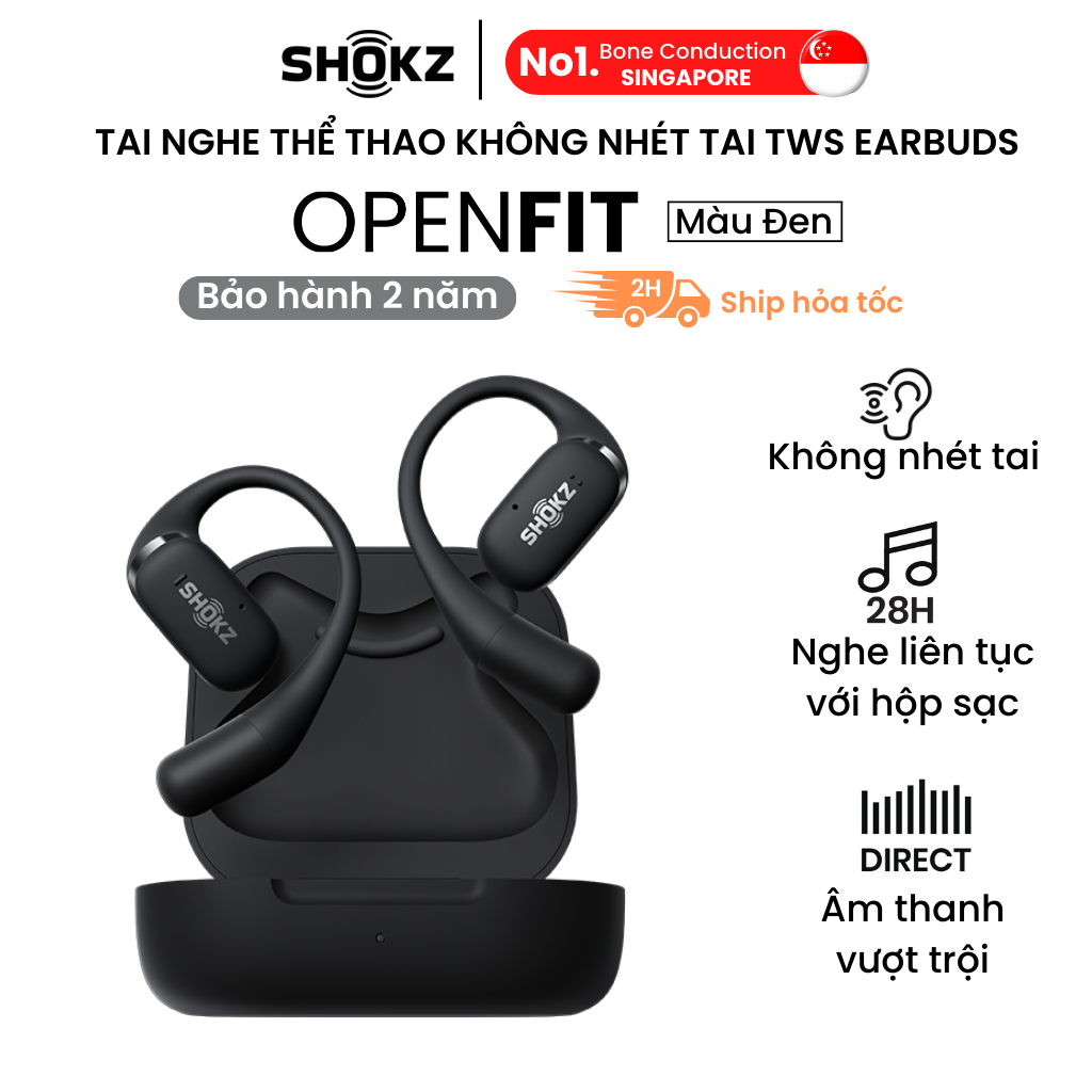 Tai nghe không nhét tai Bluetooth True Wireless Earbuds  Shokz OpenFit - Màu đen - Thế Hệ Mới Nhất