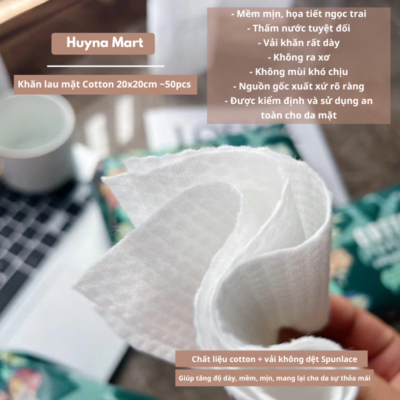 Khăn mặt khô Cotton Tissues dùng lau khô, lau ướt - Khăn họa tiết ngọc trai dùng một lần, gói 50 tờ loại dày 200x200mm