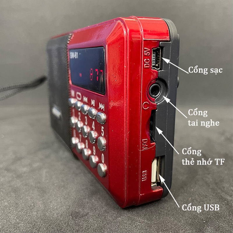 Đài radio FM SW 61 hỗ trợ cắm tai nghe 3.5mm - USB - Thẻ nhớ TF - Loa SW-61 chạy pin sạc âm thanh Hi-Fi