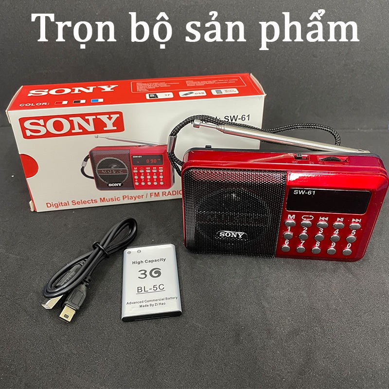 Đài radio FM SW 61 hỗ trợ cắm tai nghe 3.5mm - USB - Thẻ nhớ TF - Loa SW-61 chạy pin sạc âm thanh Hi-Fi