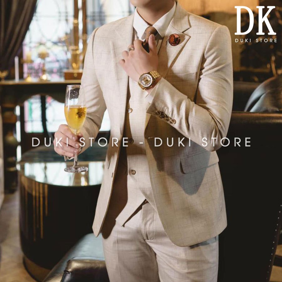 Bộ vest nam Hàn Quốc màu kẻ caro màu ghi xám sang trọng - DUKI STORE