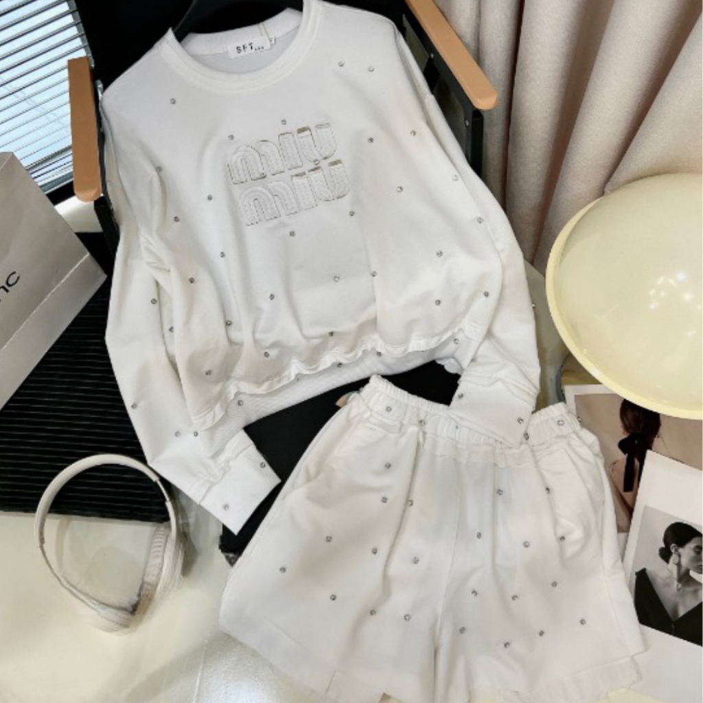 Sét đồ nữ DEMAY, áo dài tay đính đá mix sooc trẻ trung